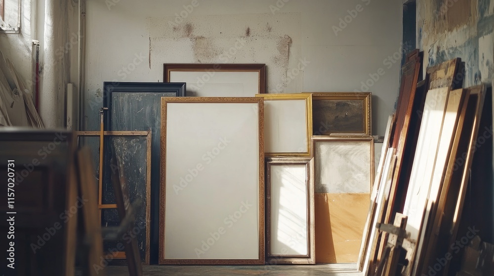 Poster empty picture frames stacked against a wall in a rustic setting creating a nostalgic atmosphere of a