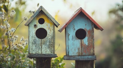Vintage birdhouses with rustic charm set against a natural background showcasing aging wood textures and colorful paint peeling.