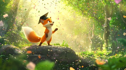 A Graduate Fox's Joyful Celebration in a Lush Forest