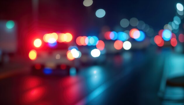 Emergency services respond to night scene. Police, emergency vehicles flash lights. Blurred cityscape background suggests urgent action. City street shows chaotic situation. Accident crime incident