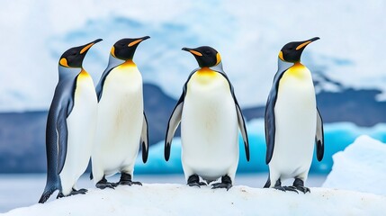 Four emperor penguins standing together on icy terrain against a snowy backdrop.