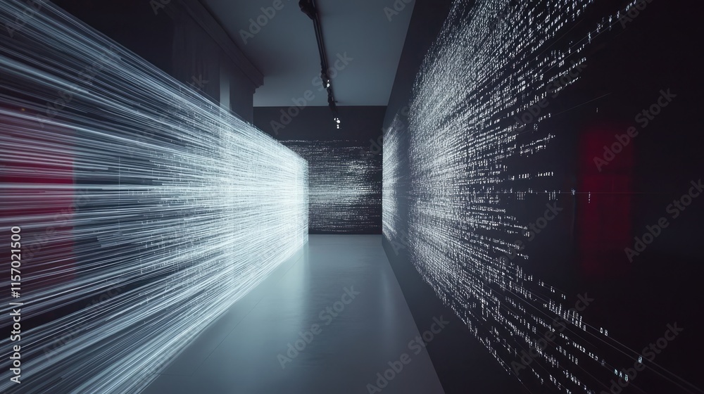 Poster dynamic visualization of rapid data transmission with streams of light and digital code in a modern 