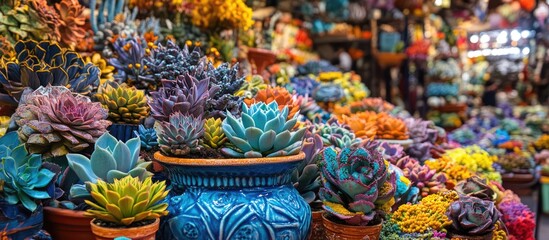 Obraz premium Colorful succulent varieties arranged in decorative pots at a lively flower market showcasing vibrant flora and artisanal displays.