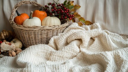 Obraz premium Cozy autumn scene featuring decorative pumpkins, rowan berries, and a soft blanket in a warm festive atmosphere for seasonal decor.