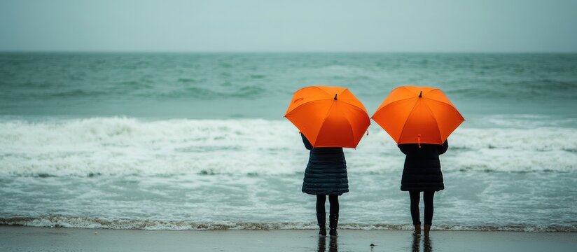 Friends enjoying a rainy day at the beach holding vibrant orange umbrellas while overlooking the ocean waves and gray sky.