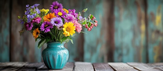 Ceramic vase with vibrant flowers on rustic wooden table enhancing home decor in a charming vintage setting