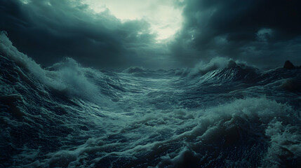 Fototapeta premium Dramatic stormy ocean waves crashing under a dark, brooding sky; powerful nature photography.