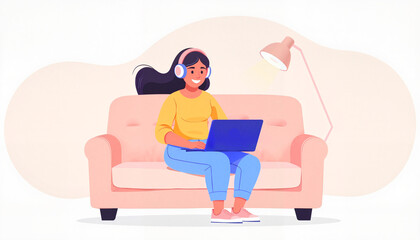 Cheerful woman listening to music on couch, relaxation at home