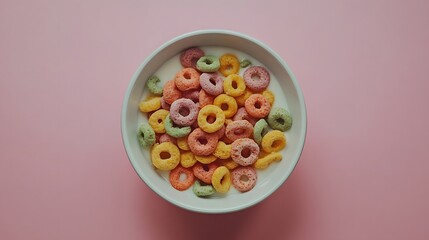 Colorful breakfast cereal bowl kitchen table food photography bright environment overhead view fun and whimsical concept