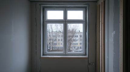 Renovated small room showcasing a new window with a view of an urban landscape outside during a...