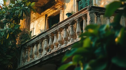 Obraz premium Vintage balcony surrounded by lush green foliage showcasing rustic architecture and charming details in an ancient setting