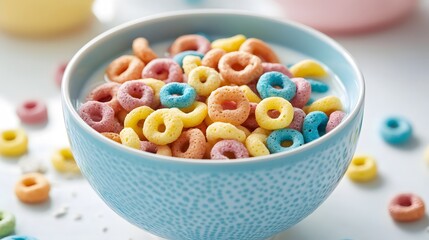 Colorful cereal bowl filled with fruity loops bright kitchen setting food photography cheerful atmosphere close-up view