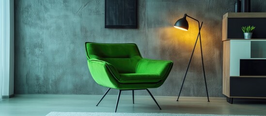 Modern vibrant green chair in stylish interior setting featuring elegant design and complementary floor lamp for contemporary decor.