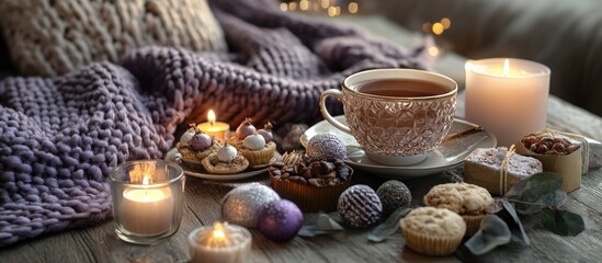 Cozy tea and coffee setup featuring festive decorations candles knitted blanket and treats on a rustic wooden table for winter ambiance