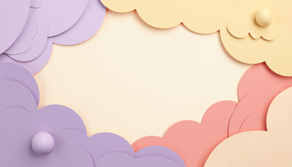 Pastel cloud cutouts with soft spheres on beige background
