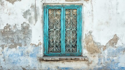 Fototapeta premium Antique blue window with wrought iron details on a weathered white wall in a rustic setting