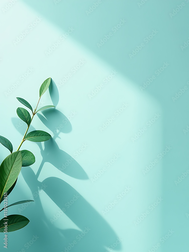 Poster soft light falls on a turquoise background featuring leaves against a white wall with ample space fo