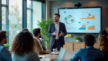 Diverse businesspeople gather in modern office conference room. Man in suit presents data on large...