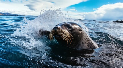 Obraz premium A sea lion splashing out of the ocean, surrounded by dynamic waves and a bright sky.