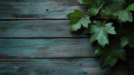 Fototapeta premium Vibrant vine leaves arranged on a rustic wooden backdrop showcasing a natural aesthetic perfect for organic and eco-friendly themes.