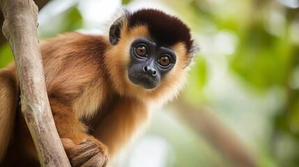 Fototapeta premium Close-up of a monkey perched on a tree branch with soft green bokeh background.