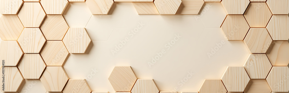 Poster Soft Beige Wooden Hexagons Form A Natural Textured Background In This Serene Wall Block Panorama Of Earthy Tones And Gentle Design. 00003