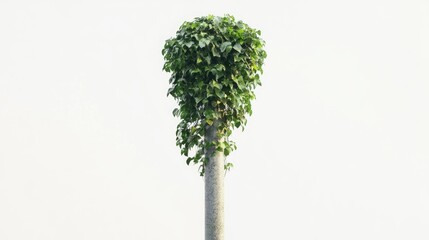 Vine creeper plant growing on a pole against a clean white isolated background showcasing natural greenery and texture