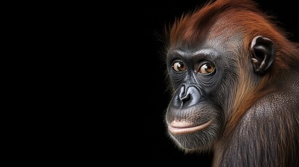 Obraz premium A closeup of a gorilla with an intense gaze, set against a black background, showcasing its natural beauty.