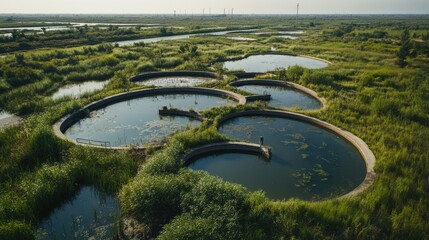 Aerial view of drainage pumping stations surrounded by lush vegetation in a delta landscape, showcasing water management infrastructure.
