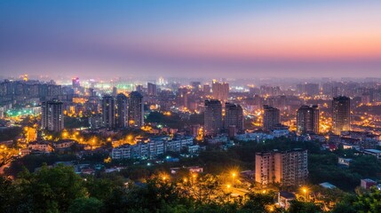 Beautiful Evening Cityscape with Bright Lights and Twilight Sky