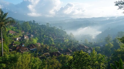 Fototapeta premium Serene hillside landscape showcasing lush greenery and mist-covered villages under a bright sky in a tranquil rural setting
