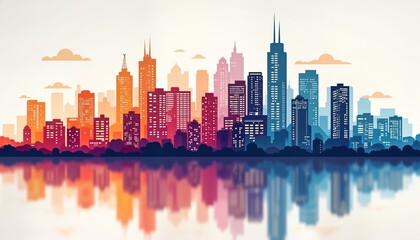 Colorful cityscape panorama shows modern buildings. Urban landscape in vibrant colors reflects on water. Vivid skyline view. Cityscape design for real estate concepts. Beautiful urban view. Urban