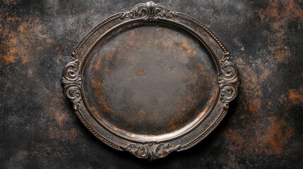 Antique cast metal plate with ornate design against rustic textured background