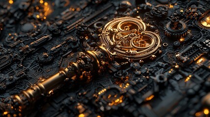 An intricately detailed ancient key glowing faintly in warm golden tones