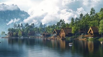 Lakeside Village with Traditional Cabins Surrounded by Lush Forests and Majestic Mountains Under a Cloudy Sky
