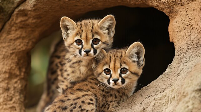 Two cheetah cubs with bright eyes resting near their den, showcasing their spotted coats.