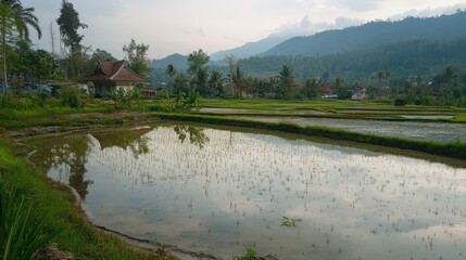 Fototapeta premium Scenic view of vibrant rice plants in lush green fields reflecting mountains and sky in tranquil rural landscape