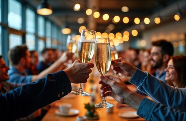 Colleagues raise champagne glasses for corporate celebration in modern office. Festive atmosphere with joyful people. Team spirit, success recognition. Socializing event with celebratory mood.