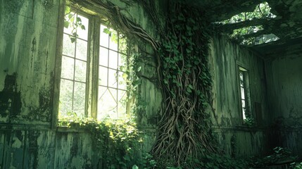 Lush green vines and intricate roots enveloping weathered walls and windows in a serene and...