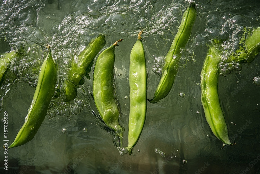 Poster a group of vibrant green pods shown submerged in water, capturing the motion and bubbles to highligh