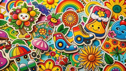 Fototapeta premium Retro 70s Hippie Stickers: Psychedelic Groovy Mushrooms, Rainbow, Sun & Flowers