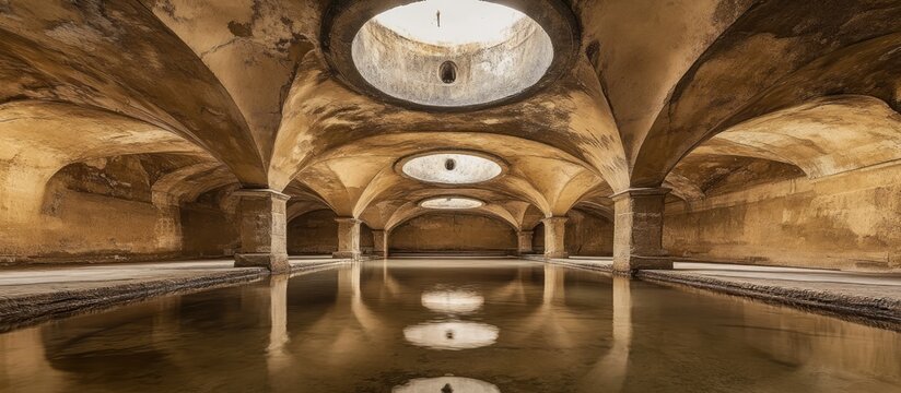 Historic underground water reservoir with ventilation domes showcasing arches and reflective water surface in a heritage city.