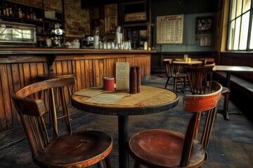 The welcoming interior of a vintage cafe, complete with wooden furniture and warm lighting, provides a comforting atmosphere ideal for relaxation and social engagement.