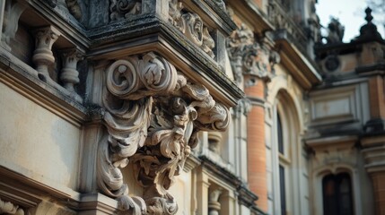 Obraz premium Intricate architectural details of historic building exterior showcasing ornate carvings and craftsmanship in warm afternoon light.