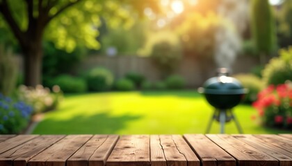 Wooden table top outdoors in sunny garden. Empty tabletop ideal for product display. Blurred background shows backyard setting with grill BBQ, green grass. Summer spring day. Relaxing atmosphere.