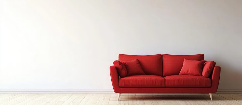 Modern interior design featuring a vibrant red couch against a clean minimalist white wall enhancing contemporary decor aesthetics