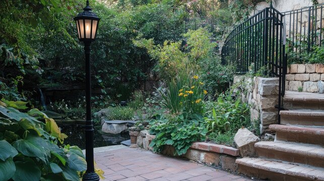 Vintage black standing lamp post illuminating a serene backyard garden with lush greenery and elegant steel stair railing nearby