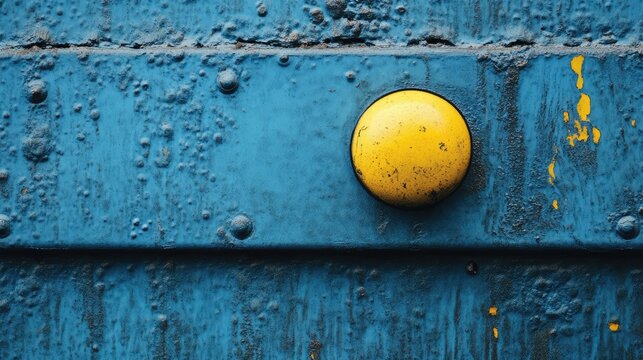 Textured vintage blue metal surface featuring a prominent yellow circular spot and weathered details. Ideal for industrial or retro themes.