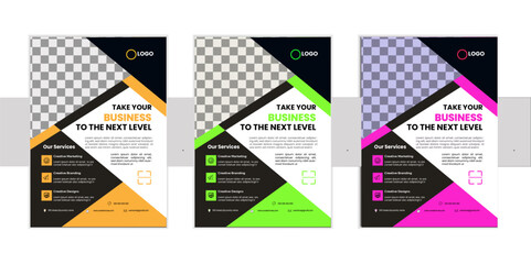 A bundle of 3 templates of different colors a4 flyer template, modern business flyer template,  Business abstract vector template. Brochure design, cover modern layout, annual report, poster,  Creativ