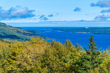 Obraz premium A view up bras d'or lake on the trans canada highway near Sydney, Nova Scotia, Canada in the fall